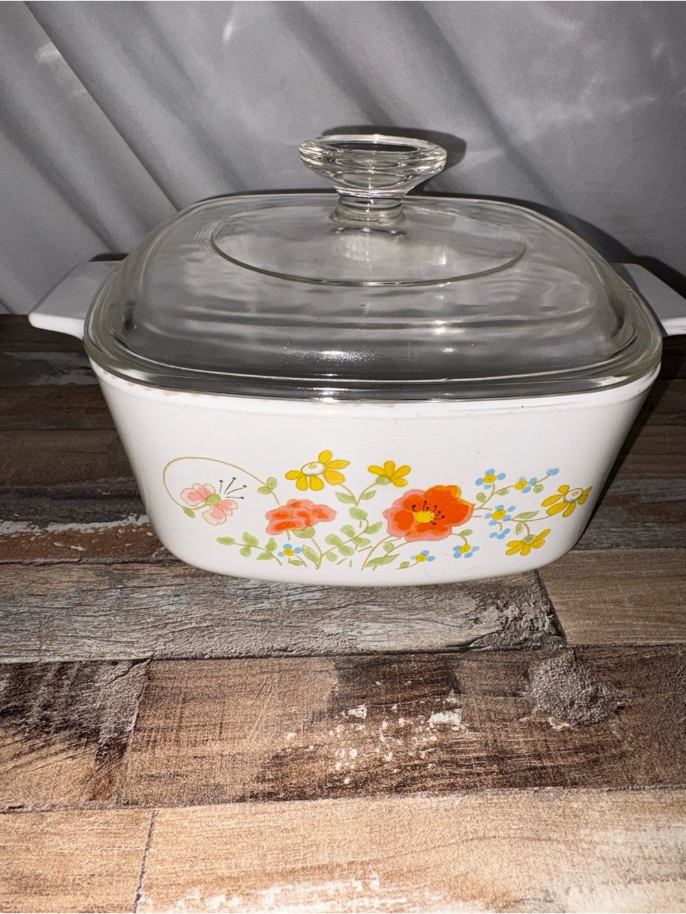 Vintage Corningware White Casserole with Multicolor Floral Design and Glass Lid